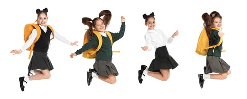 Preview: Collage with photos of girl in school uniform jumping on white background. Banner design