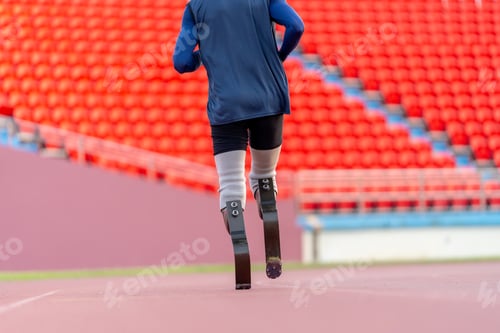 Preview: Back of Sport man athlete prosthesis legs run or jogging in the track of the stadium to practice
