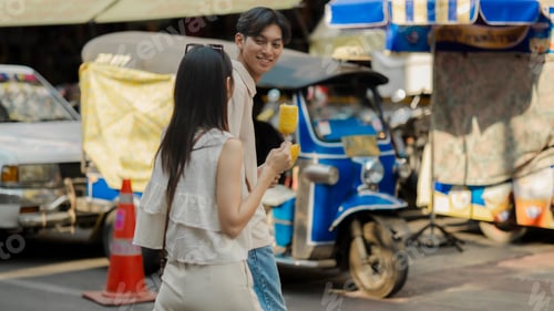 Preview: this adorable couple is eating and walking around at street food with happiness, they are dating on
