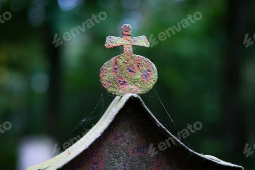 Preview: Mossy metal cross on the background of blurry green foliage