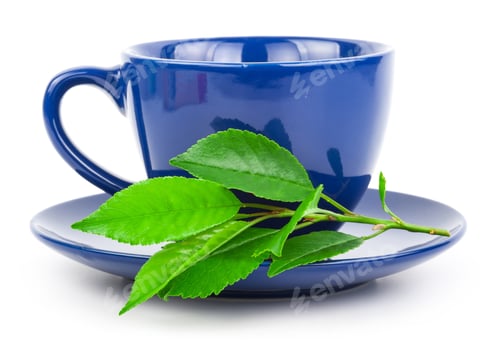 Preview: Blue Teacup and Saucer with Green Leaves