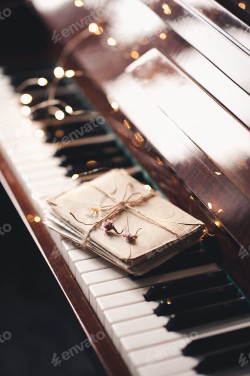 Preview: Paper letters laced with dry flowers on piano keys