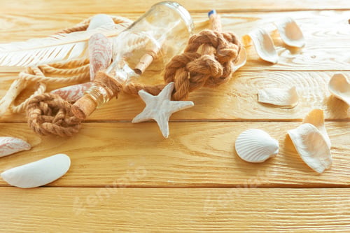Preview: Idea of interior decoration with seashells and glass bottle