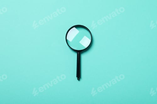 Preview: Magnifying glass on blue background, top view