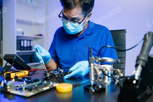 Preview: Skilled technician in lab coat and gloves recovers data from hard disk.