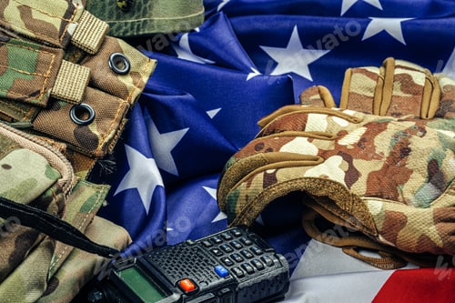 Preview: Military ammunition on US flag close up