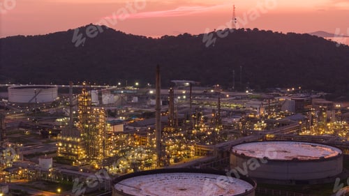 Preview: Oil Refinery plant at sunset. Gas Chemical Equipment Prodiction import export Concept