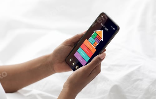 Preview: Woman using smart home app on mobile phone to control air conditioner, climate, temperature