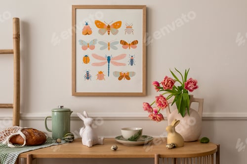 Preview: Interior design of easter living room interior with mock up poster frame, glass vase with tulips