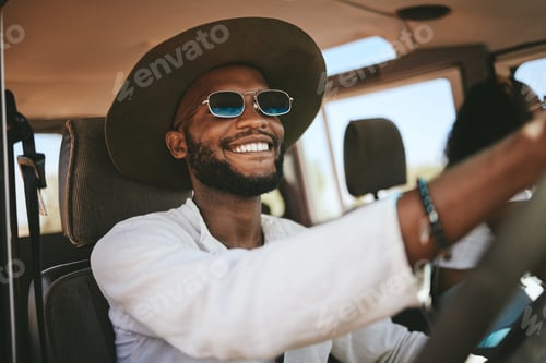Preview: Travel, road trip and happy black man driving a caravan on a summer vacation, journey or adventure.