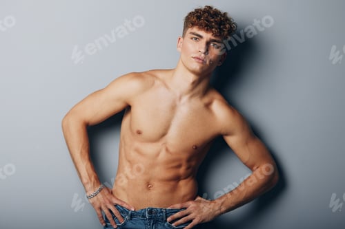 Preview: man guy male sport model abs muscle healthy gray background shirtless standing