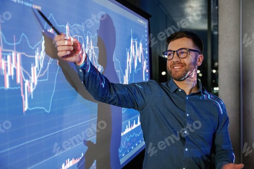 Preview: Showing the information by pen. Business coach against projector with data