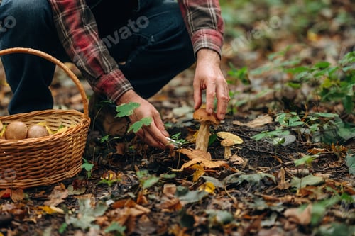Preview: Slicing it by using knife. Close up view of man that is doing mushroom picking in the forest