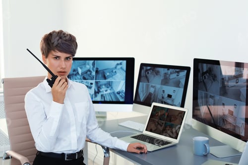 Preview: Female security guard using portable transmitter indoors