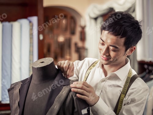 Preview: Trainee tailor pinning garment in traditional tailors shop