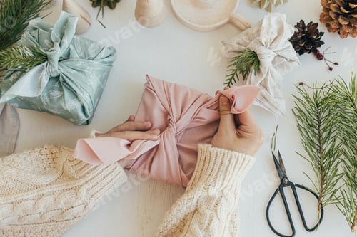 Preview: Hands wrapping gift box in pink linen fabric on white wooden table. Zero waste Christmas concept