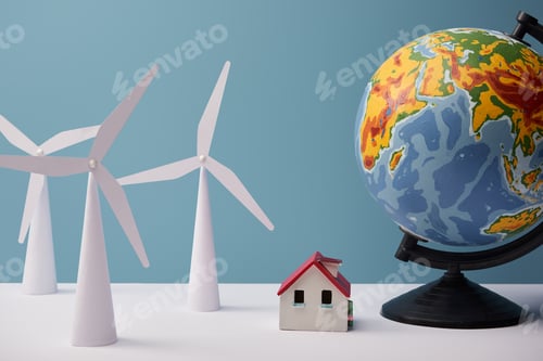 Preview: windmill and house models with big globe on white table and blue background
