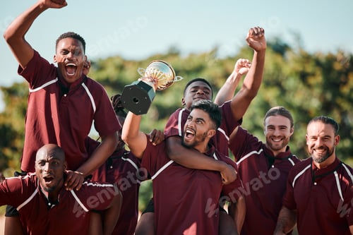 Preview: Sports, winning and team on field for celebration, cheers and excited trophy at competition. Smile,