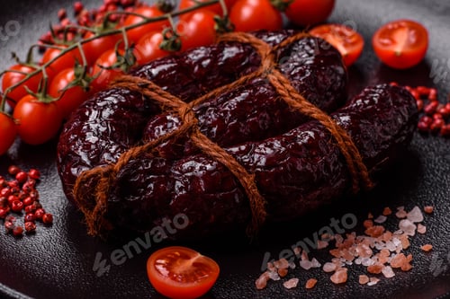 Preview: Delicious black blood sausage or black pudding with spices and herbs