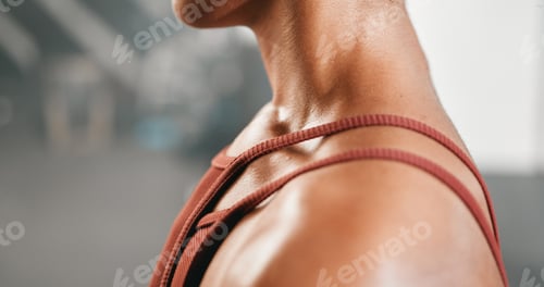 Preview: Woman closeup and shoulder injury at gym for fitness, training or workout while feeling discomfort.