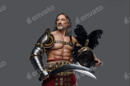 Preview: Aged but still mighty muscular gladiator with long grey hair and beard