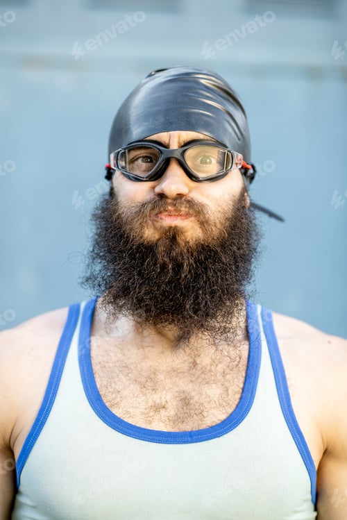 Preview: Portrait of a weird swimmer on the yellow background