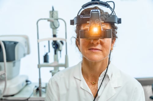 Preview: Frontal view of ophthalmologist using light of a retinoscope