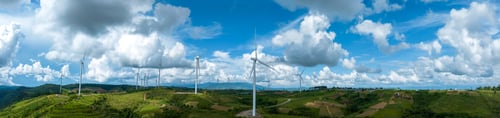 Preview: Wind Turbines Windmill Energy Farm, Windmill on blue sky puffy clouds Alternative energy sources. Re
