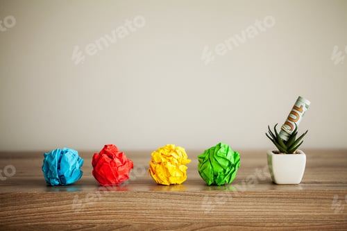 Preview: Idea concept.Inspiration, New idea and Innovation concept with Crumpled Paper on wood background