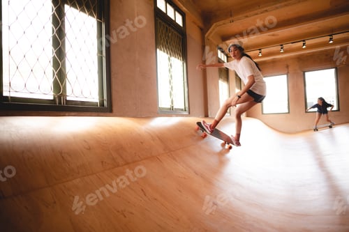 Preview: young woman person playing fun with skateboard outdoor lifestyle, skate sport concept
