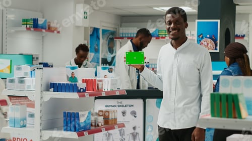 Preview: Male client holding box of pills with greenscreen