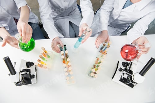Preview: Top view of three female scientists holding chemical reagents in laboratory
