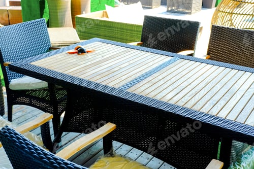 Preview: Rattan Table And Chaise Longues Near Modern Swimming Pool, Closeup