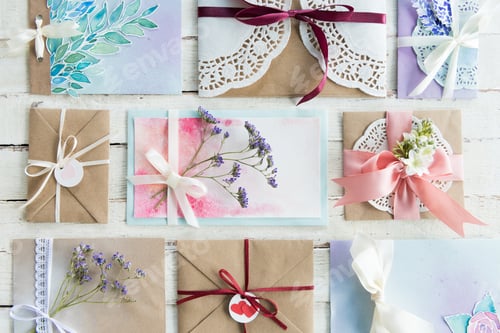 Preview: top view of collection of envelopes or invitations on white wooden tabletop, wedding invitation card
