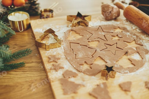 Preview: Gingerbread dough with golden cutters, rolling pin, cooking spices and festive decorations