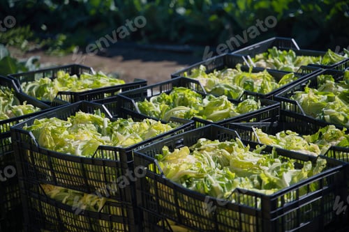Preview: Close-up shot of fresh coliflors in black plastic crates