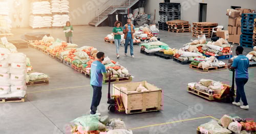 Preview: People, volunteer and grocery distribution at warehouse, community charity and humanitarian aid. St