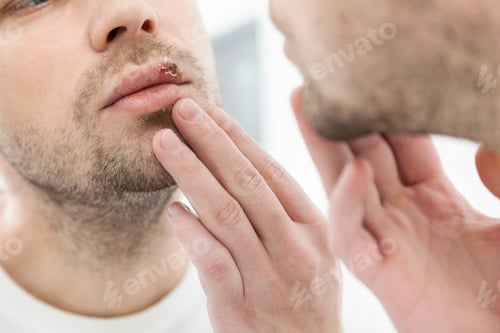 Preview: Young man suffering from herpes on his mouth