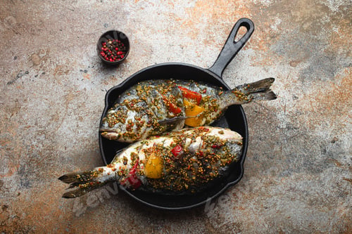 Preview: Raw fish dorado stuffed with vegetables for healthy cooking top view