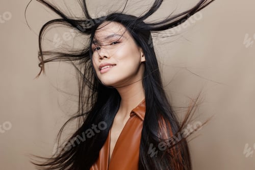 Preview: Beige woman asian salon hair fashion glamour beautiful femininity cosmetic portrait model beauty