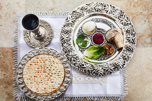 Preview: Composition with symbolic Passover, Pesach, items and meal on stone background,