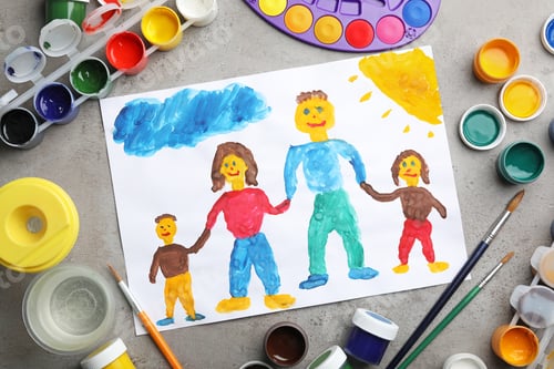 Preview: Flat lay composition with child's painting of family on grey table