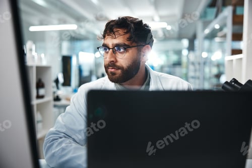 Preview: Science, man and thinking in laboratory on computer for medical results, investigation and pharmace