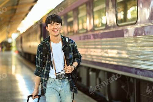 Preview: Portrait of happy young man walking in a train station with with suitcase.