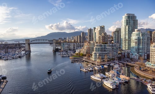 Preview: Panoramic Aerial View of Granville Island in False Creek with modern city skyline