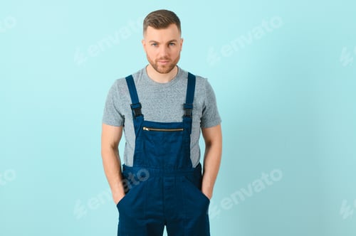 Preview: Close-up portrait of his he nice attractive cheerful cheery content guy repairer craftsman isolated