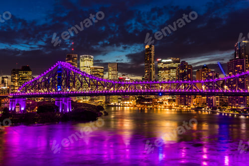 Preview: Vibrant night time panorama of Brisbane city with Story Bridge
