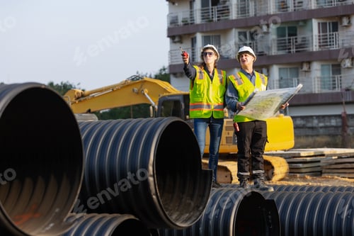 Preview: Two construction engineers stand on large drainage pipes