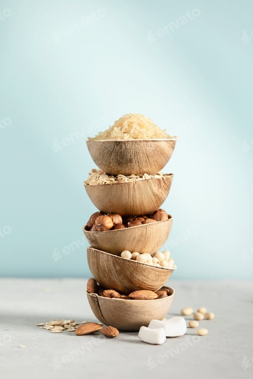 Preview: Ingredients for making various plan based lactose free vegan milk