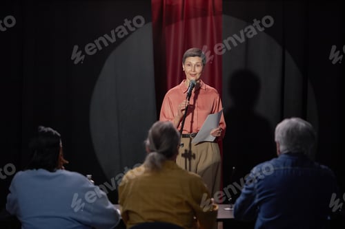 Preview: Middle Aged Caucasian Woman Performing Monologue before Judges at Talent Competition